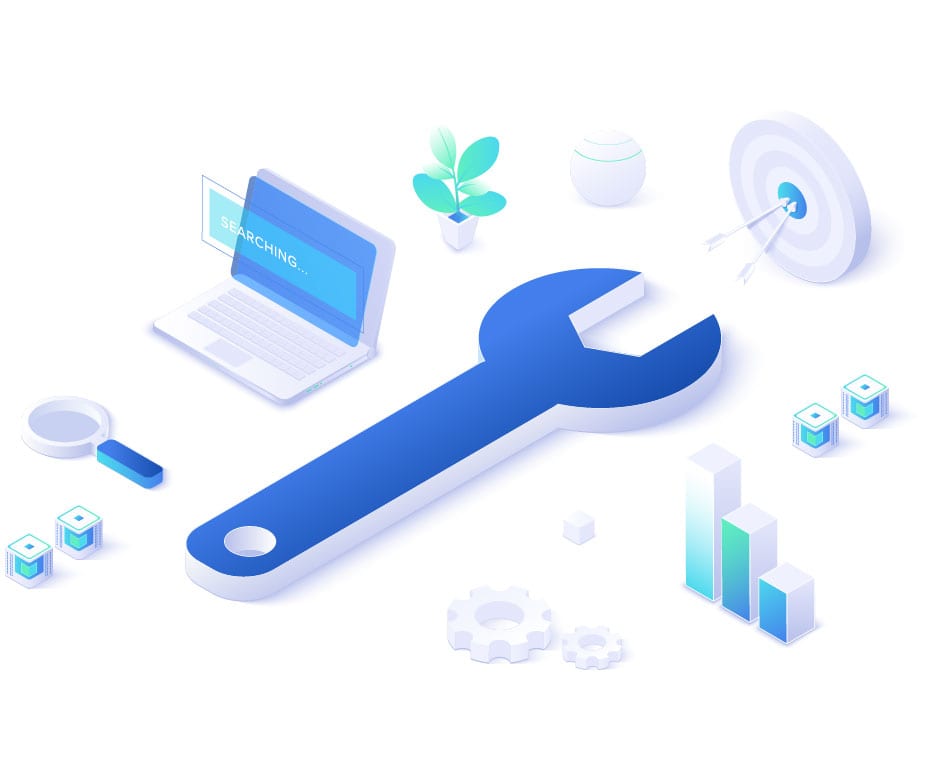 graphic of a wrench surrounded by servers, a gear, a laptop and an archery target etc. , representing the idea that we fix/provide web solutions