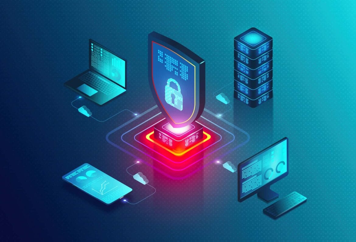 illustration of Cyber Security with a lock connected to phone, laptops, servers and clouds