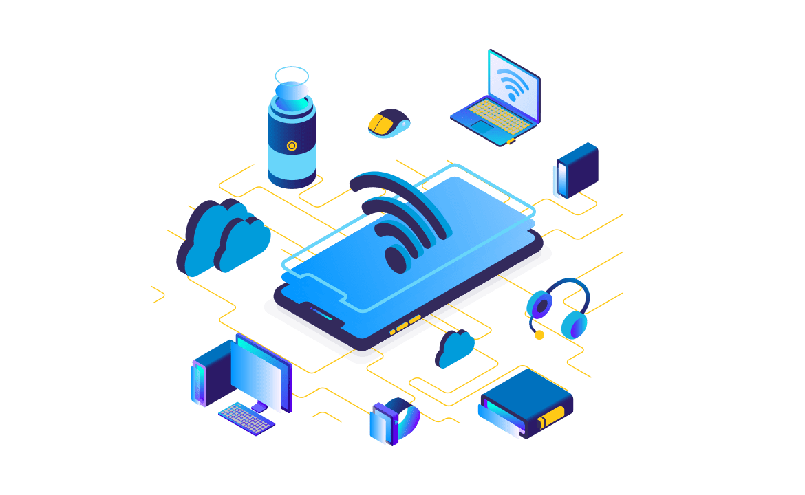 internet to the home illustration depicted by phone with wifi icon surrounded by clouds, a laptop, computer, smartwatch, headphones that use it