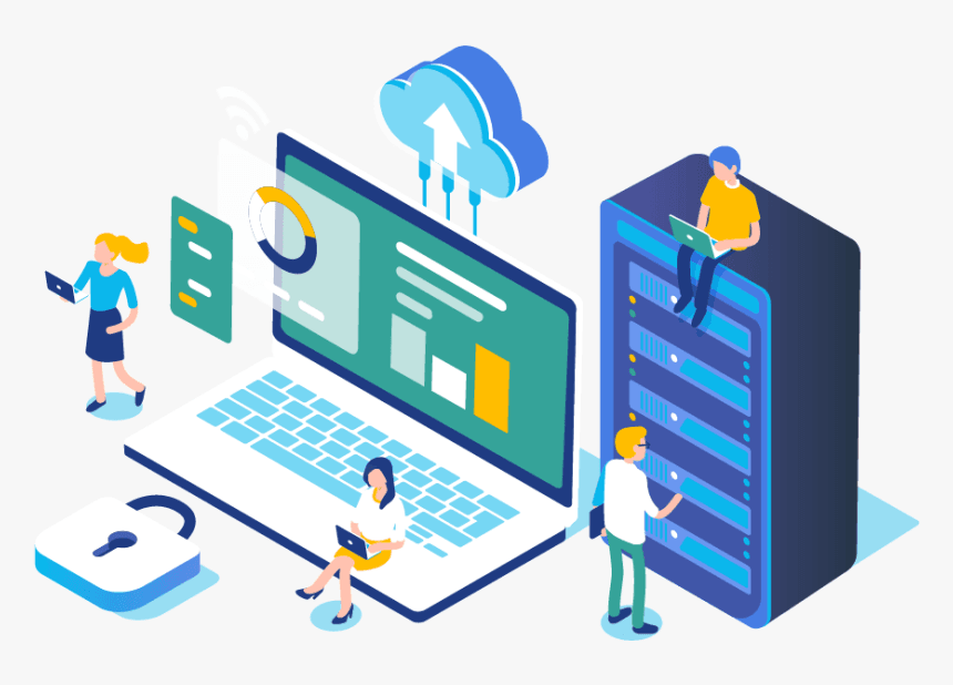 web hosting illustration with IT technicians, large server, lock, laptop with cloud icon above them
