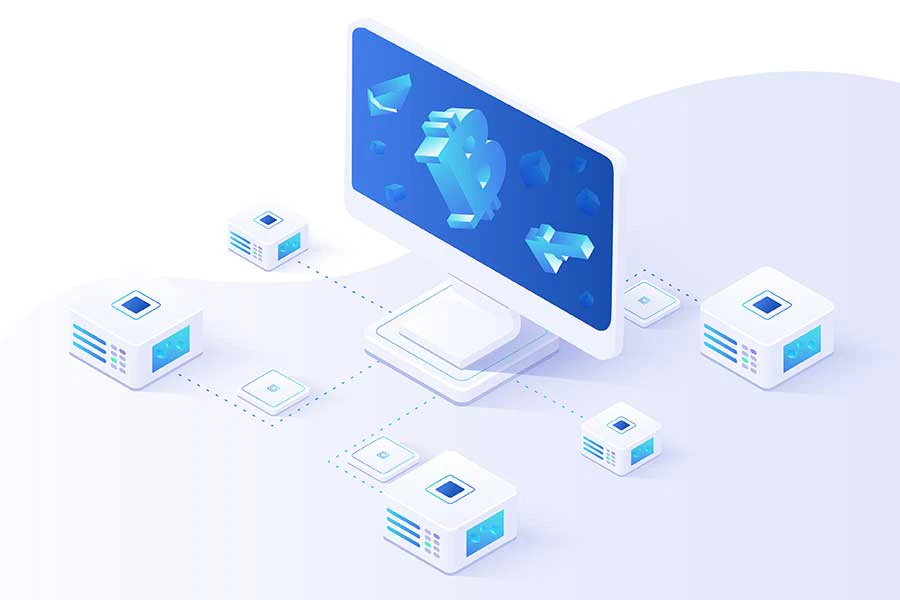 graphic of computer with bitcoin icon connected to 5 servers as part of the company services of an IT company