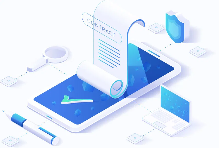 graphic of contract document coming out of a phone screen connected to a pen, security, laptop and magnifying glass representing the web solutions provided by an IT company